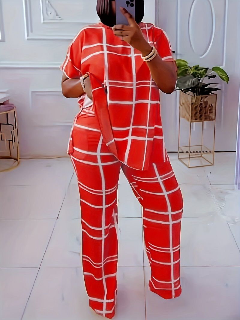 Elemental Printed V-Neck Casual Large Size Two Piece Set