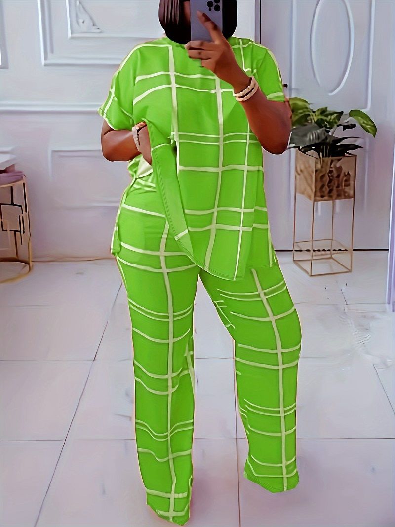 Elemental Printed V-Neck Casual Large Size Two Piece Set