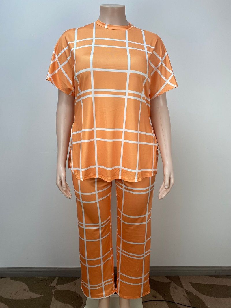 Elemental Printed V-Neck Casual Large Size Two Piece Set