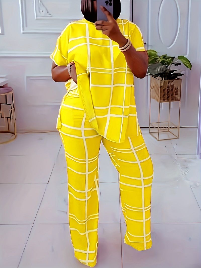 Elemental Printed V-Neck Casual Large Size Two Piece Set