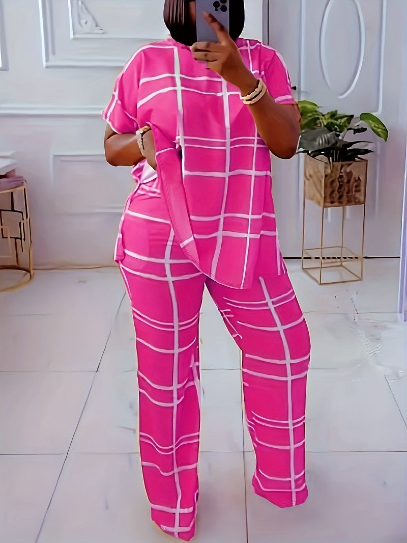 Elemental Printed V-Neck Casual Large Size Two Piece Set