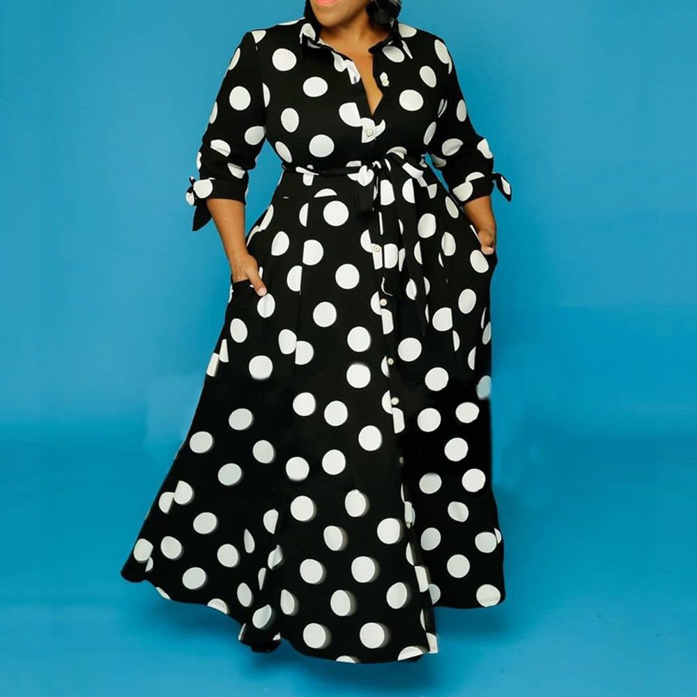 Large Size Hot Selling Shirt Long Sleeved Polka Dot Printed Dress