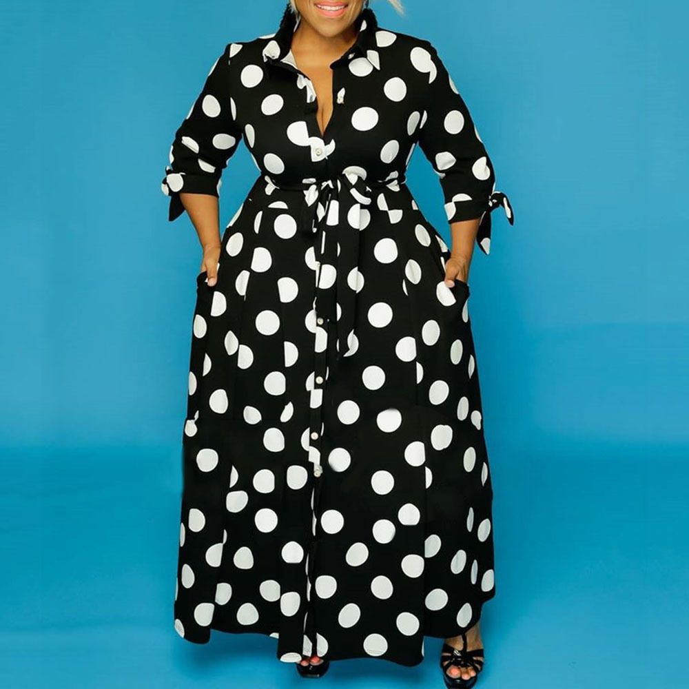 Large Size Hot Selling Shirt Long Sleeved Polka Dot Printed Dress