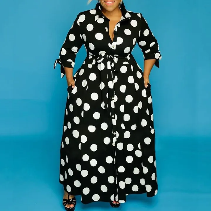 Large Size Hot Selling Shirt Long Sleeved Polka Dot Printed Dress
