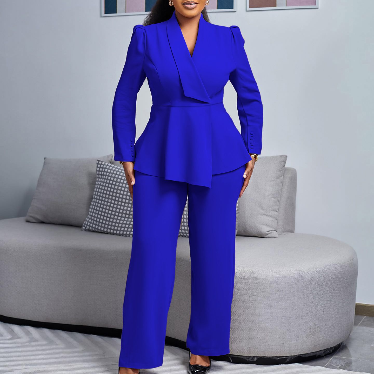 Women's Winter New Fashion Temperament Elegant OL Ruffled Top Wide Leg Trousers Fashion African Suit