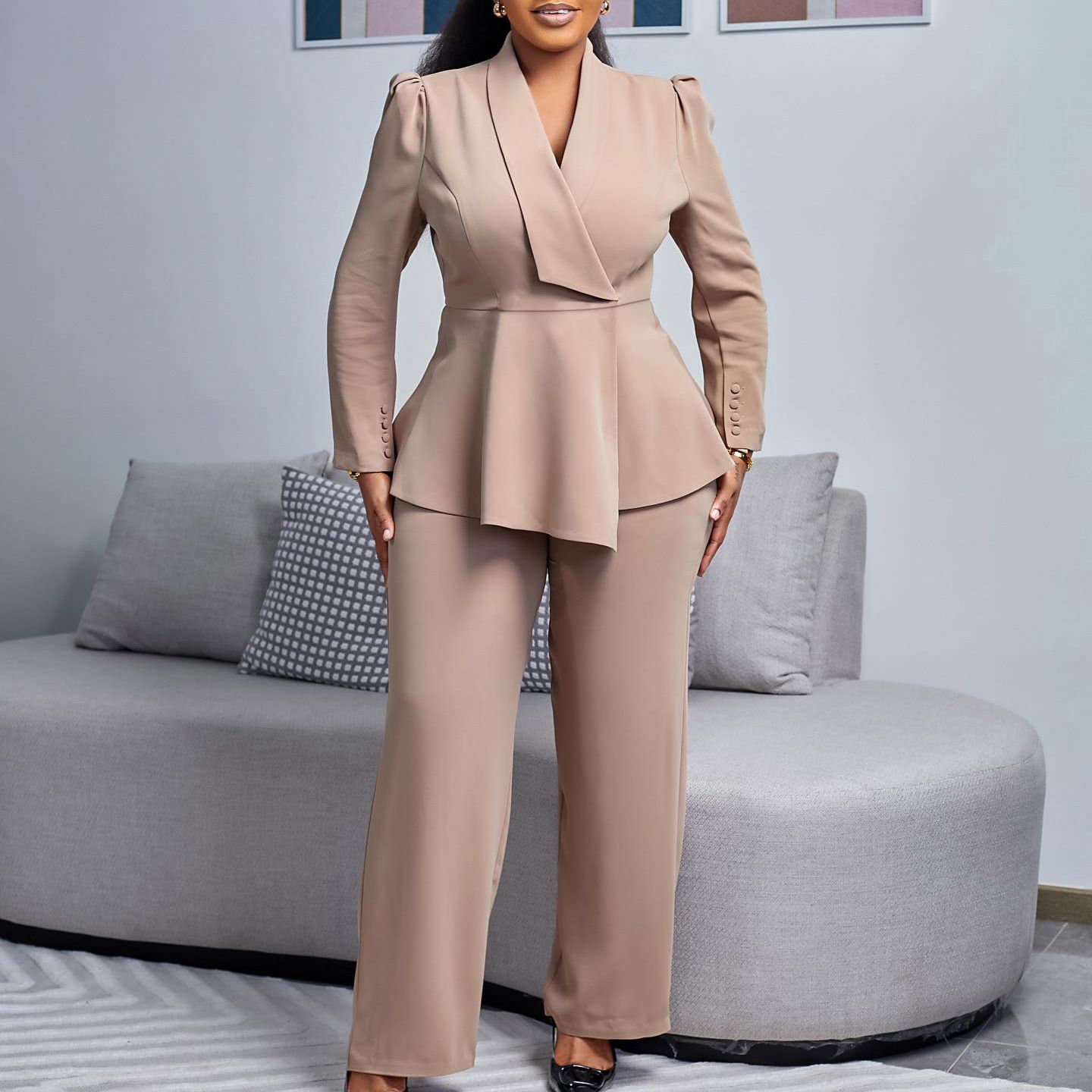 Women's Winter New Fashion Temperament Elegant OL Ruffled Top Wide Leg Trousers Fashion African Suit