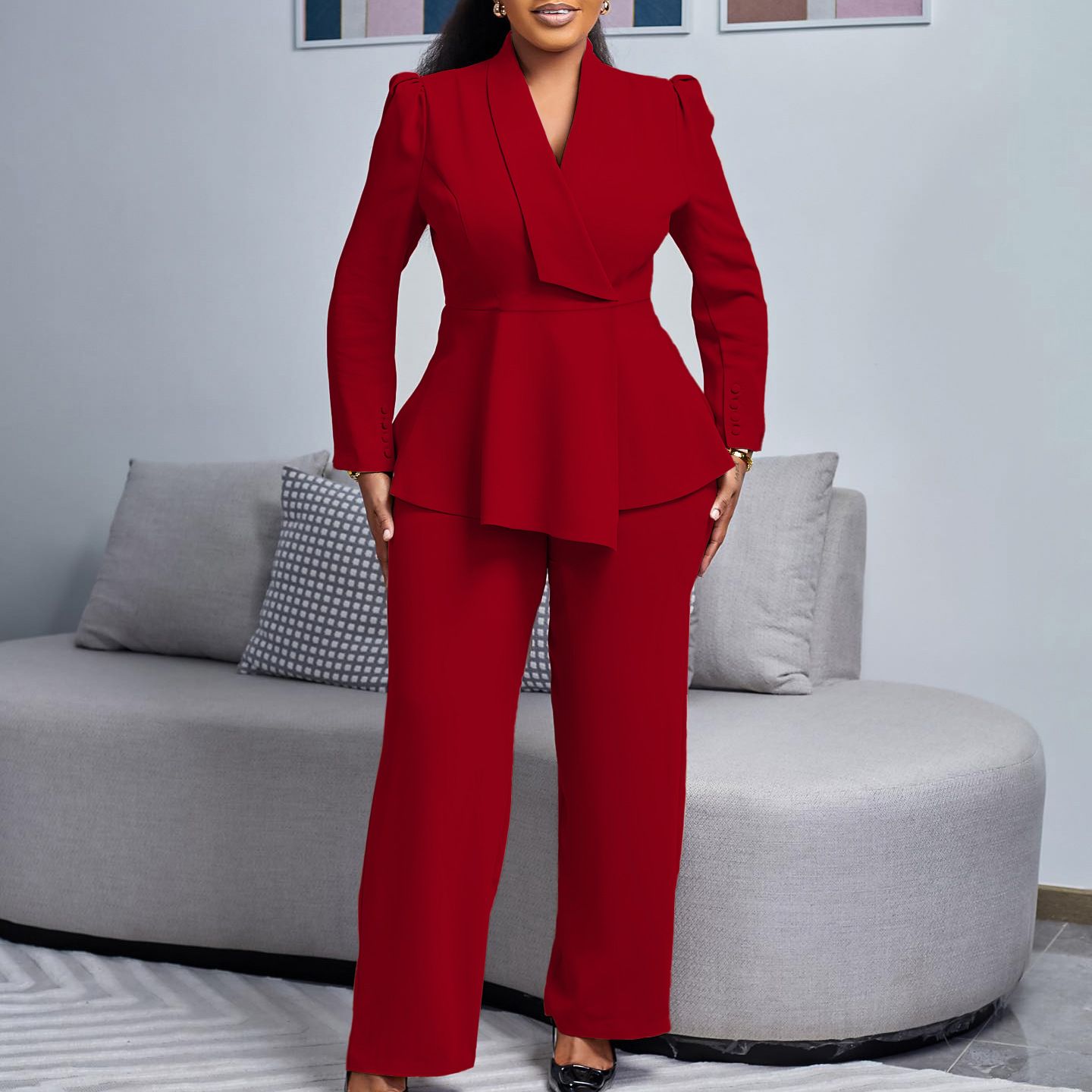 Women's Winter New Fashion Temperament Elegant OL Ruffled Top Wide Leg Trousers Fashion African Suit