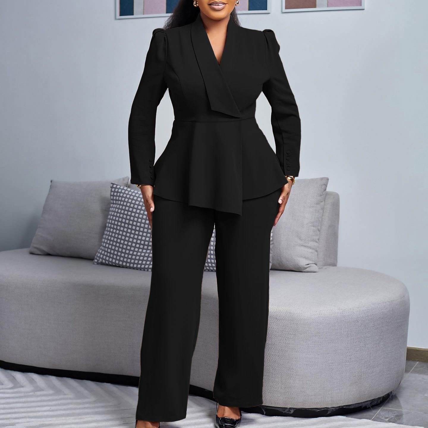 Women's Winter New Fashion Temperament Elegant OL Ruffled Top Wide Leg Trousers Fashion African Suit