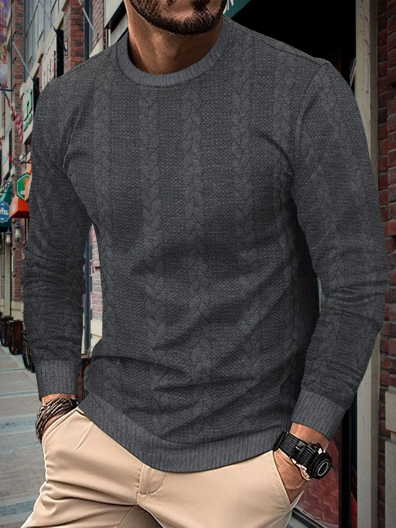 Men's Solid Colour Round Neck Long Sleeve Heavy Jacquard Men's Twist Pullover Sweatshirt