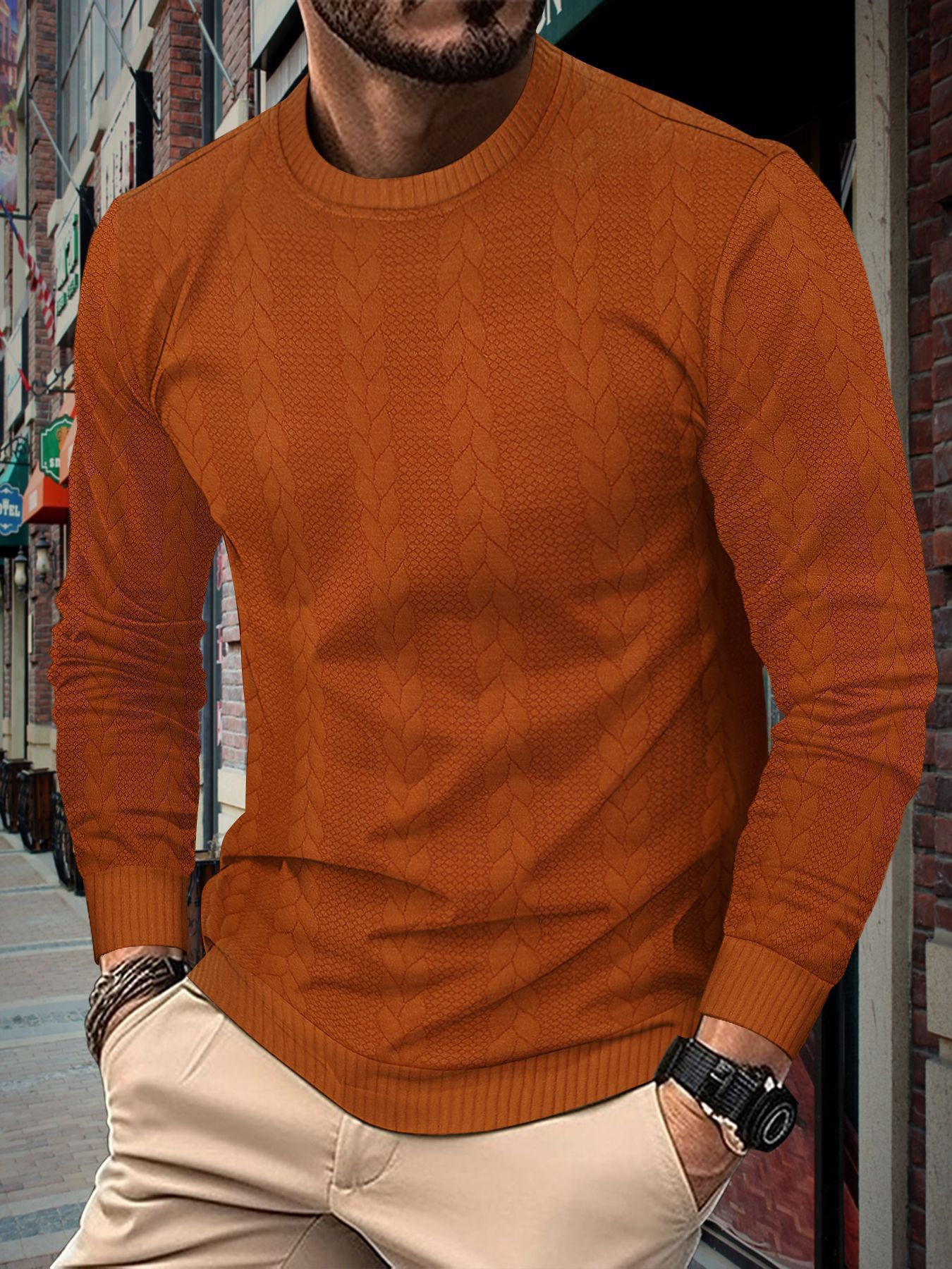 Men's Solid Colour Round Neck Long Sleeve Heavy Jacquard Men's Twist Pullover Sweatshirt