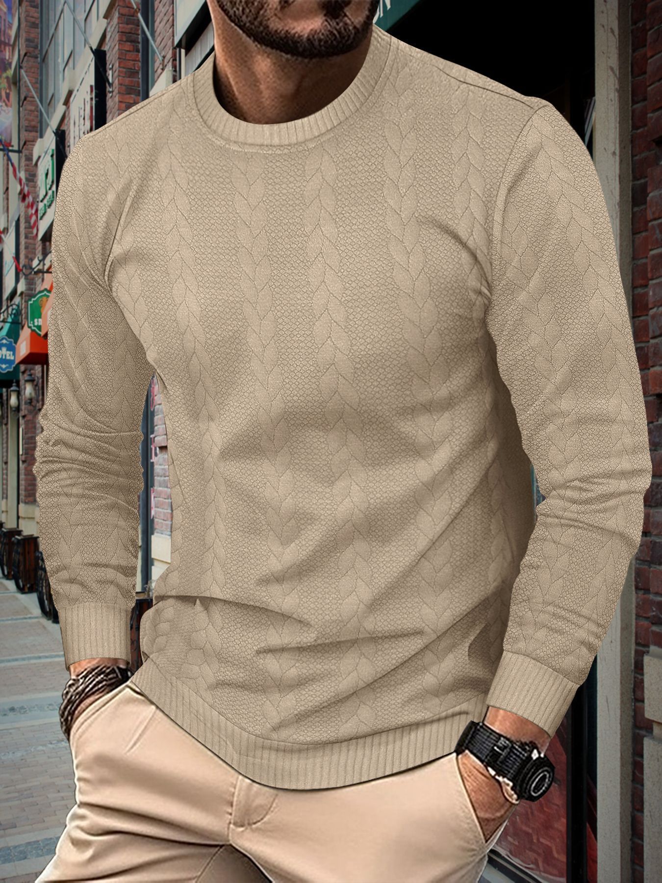 Men's Solid Colour Round Neck Long Sleeve Heavy Jacquard Men's Twist Pullover Sweatshirt