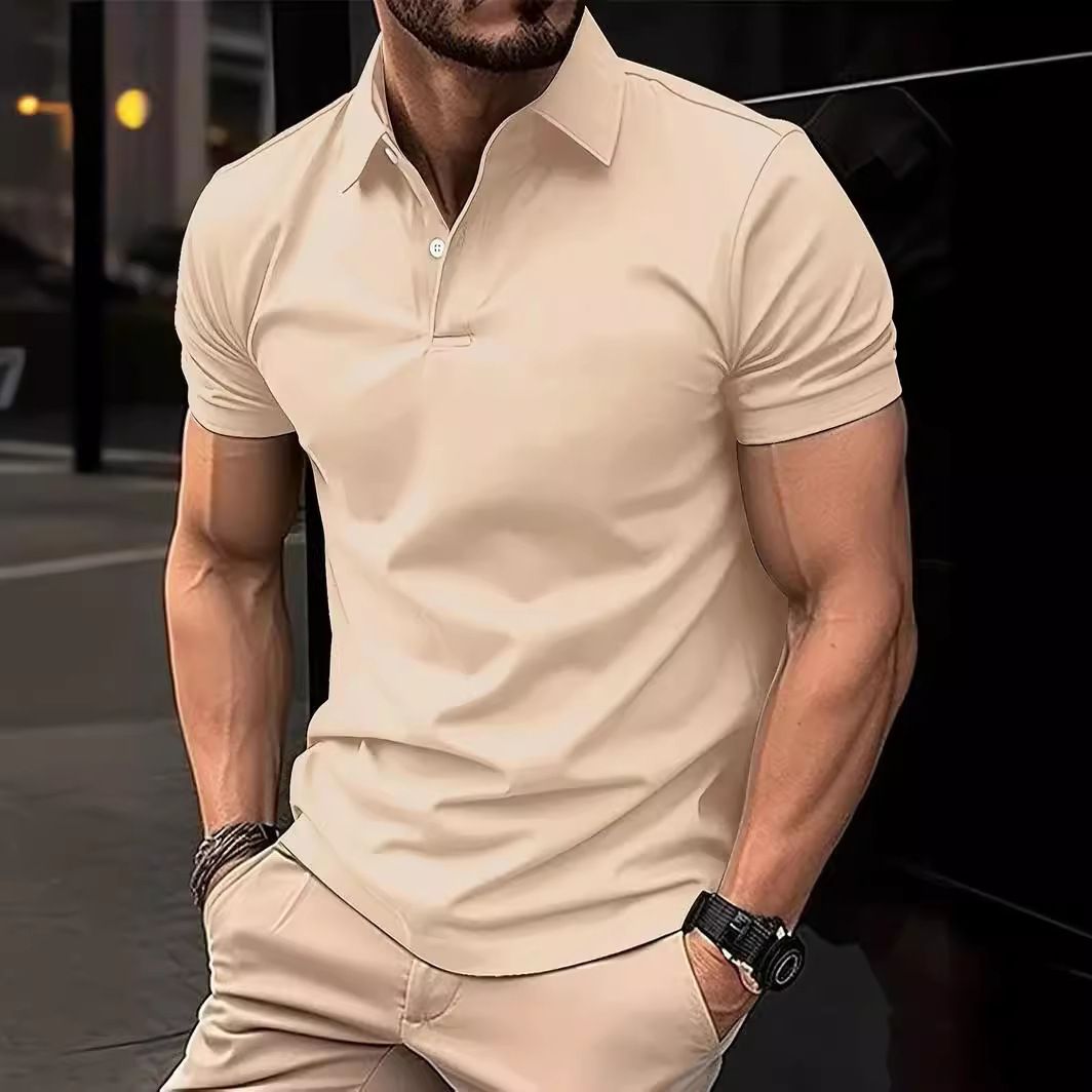 Men's Casual Solid Colour Button Short Sleeve T-Shirt Beaded Ground Small Twill POLO Shirt for Men
