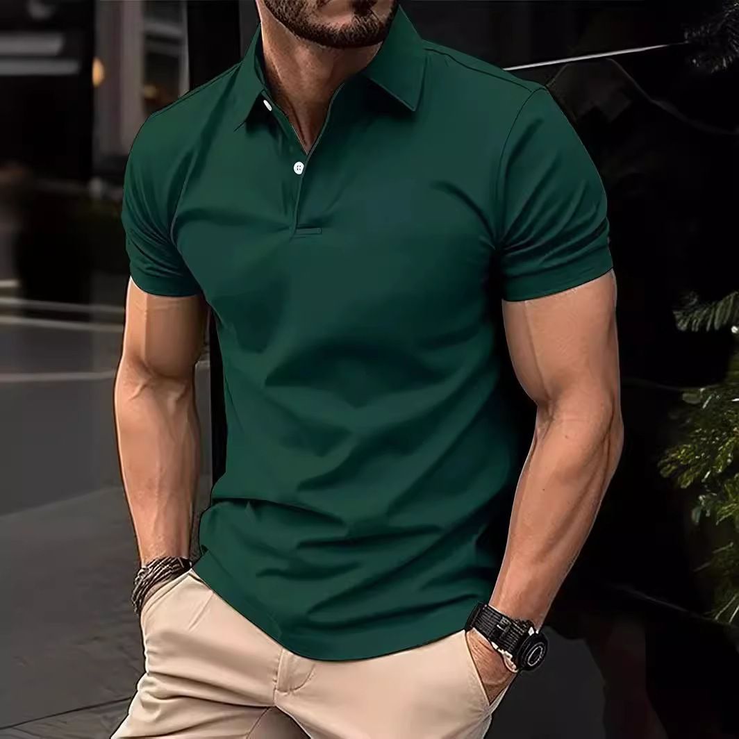 Men's Casual Solid Colour Button Short Sleeve T-Shirt Beaded Ground Small Twill POLO Shirt for Men