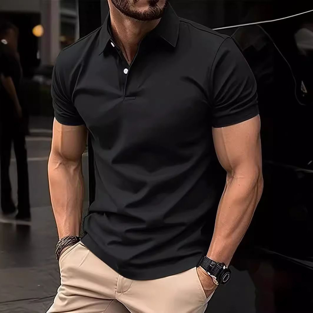 Men's Casual Solid Colour Button Short Sleeve T-Shirt Beaded Ground Small Twill POLO Shirt for Men
