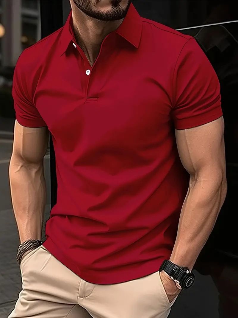Men's Casual Solid Colour Button Short Sleeve T-Shirt Beaded Ground Small Twill POLO Shirt for Men