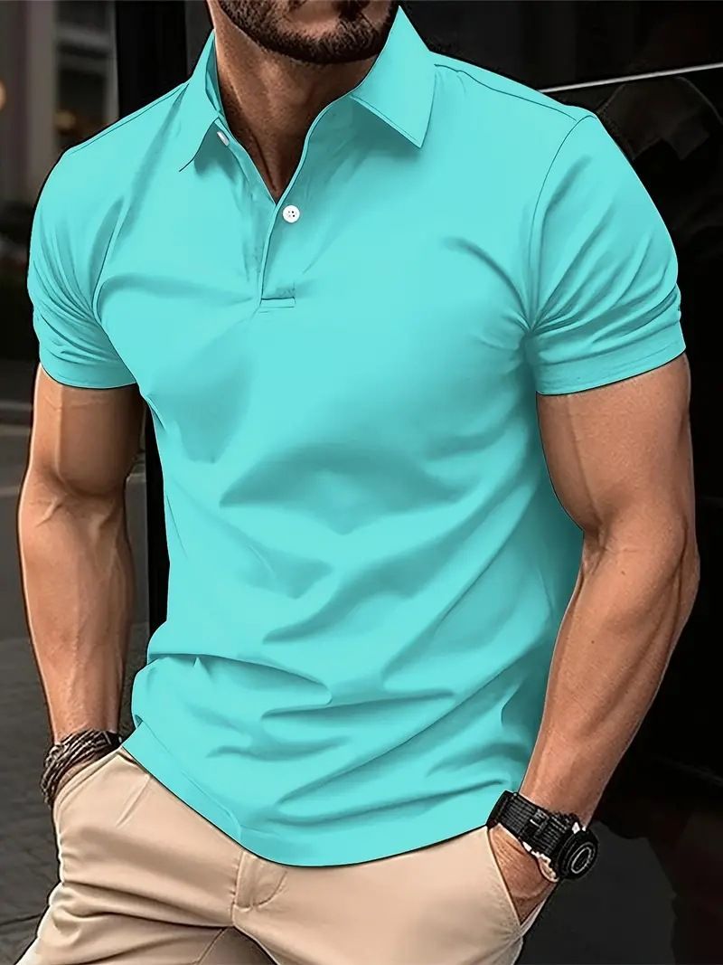 Men's Casual Solid Colour Button Short Sleeve T-Shirt Beaded Ground Small Twill POLO Shirt for Men