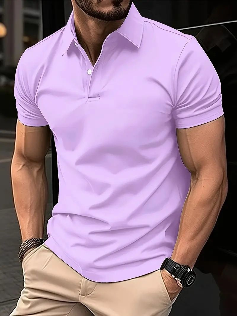 Men's Casual Solid Colour Button Short Sleeve T-Shirt Beaded Ground Small Twill POLO Shirt for Men