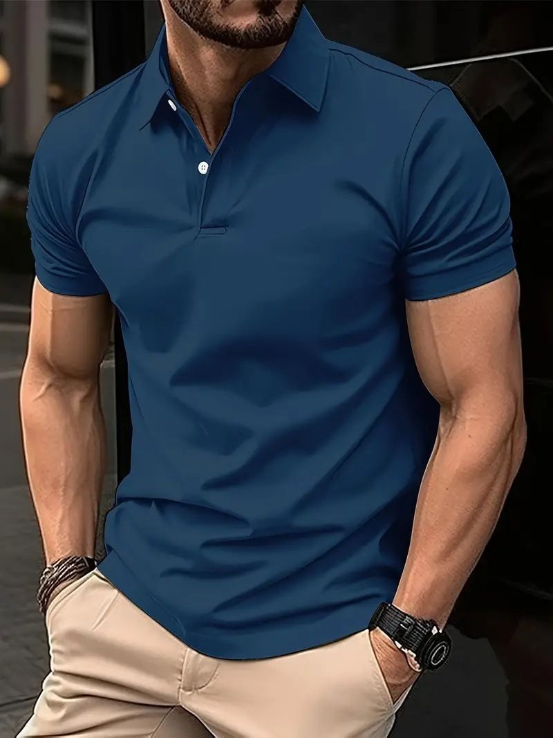 Men's Casual Solid Colour Button Short Sleeve T-Shirt Beaded Ground Small Twill POLO Shirt for Men