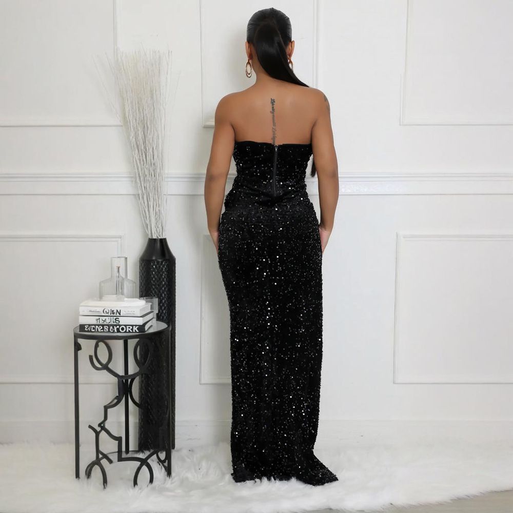 Sequined Evening Gown Sexy Strapless Irregular Dress with Trailing Long Skirt for Women