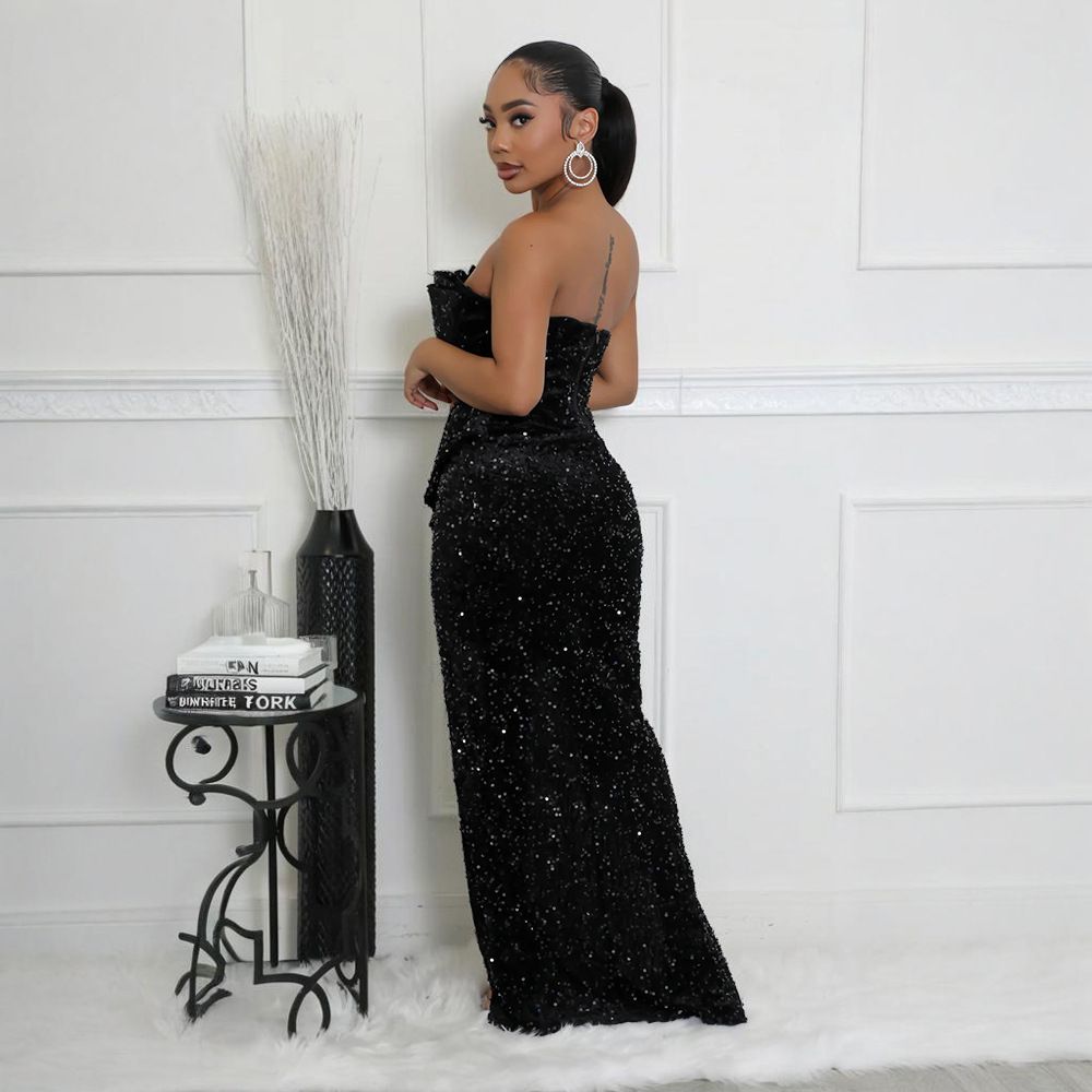 Sequined Evening Gown Sexy Strapless Irregular Dress with Trailing Long Skirt for Women