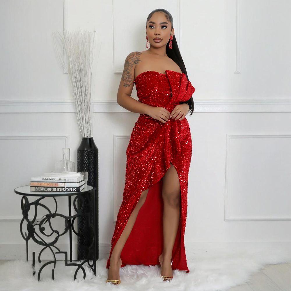 Sequined Evening Gown Sexy Strapless Irregular Dress with Trailing Long Skirt for Women