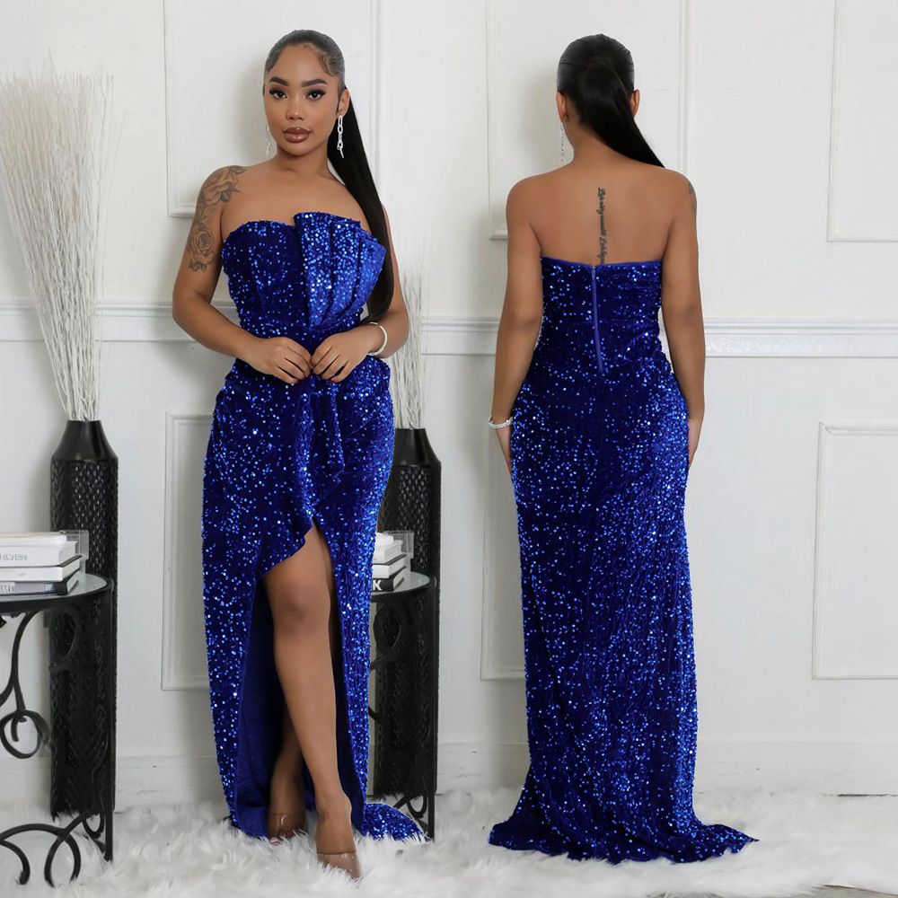 Sequined Evening Gown Sexy Strapless Irregular Dress with Trailing Long Skirt for Women