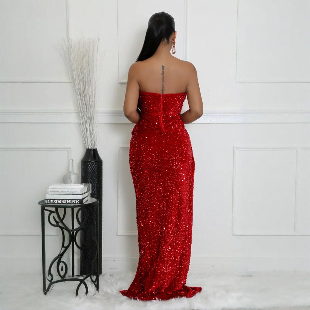 Sequined Evening Gown Sexy Strapless Irregular Dress with Trailing Long Skirt for Women