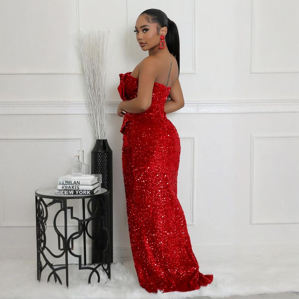 Sequined Evening Gown Sexy Strapless Irregular Dress with Trailing Long Skirt for Women
