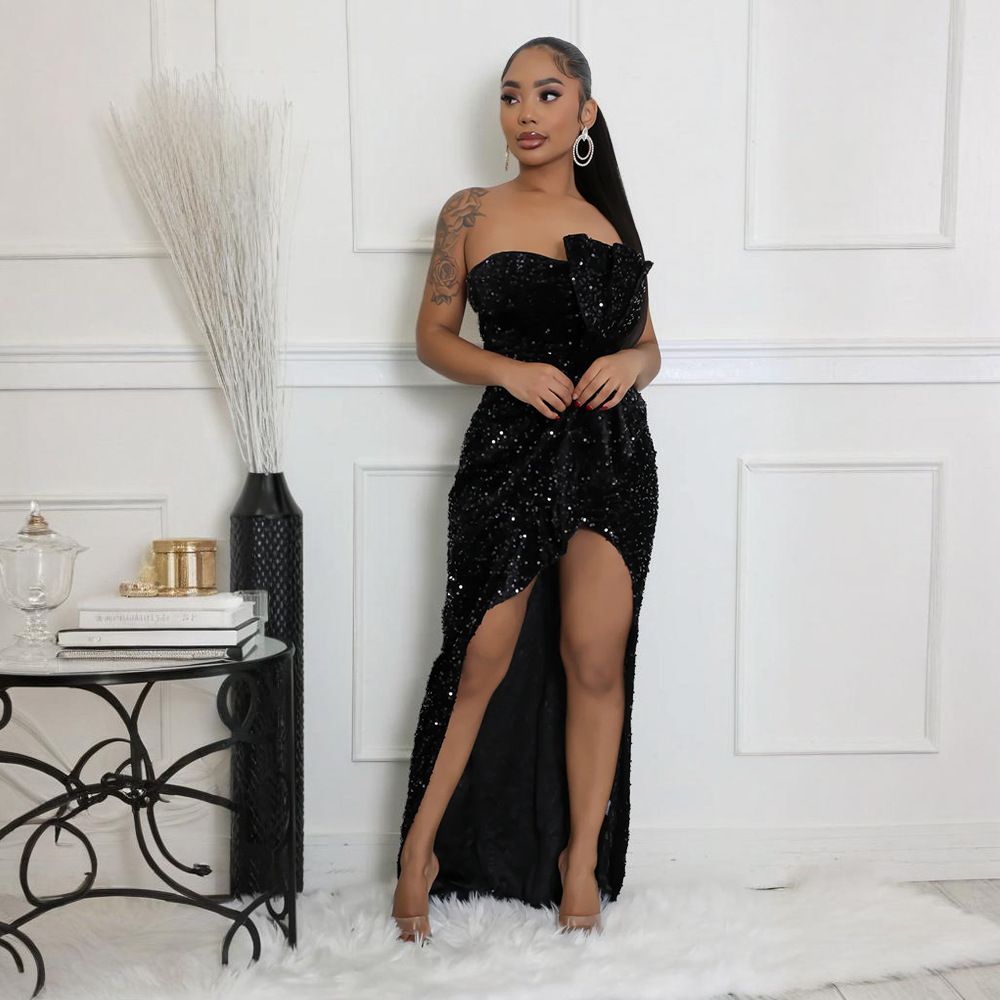 Sequined Evening Gown Sexy Strapless Irregular Dress with Trailing Long Skirt for Women