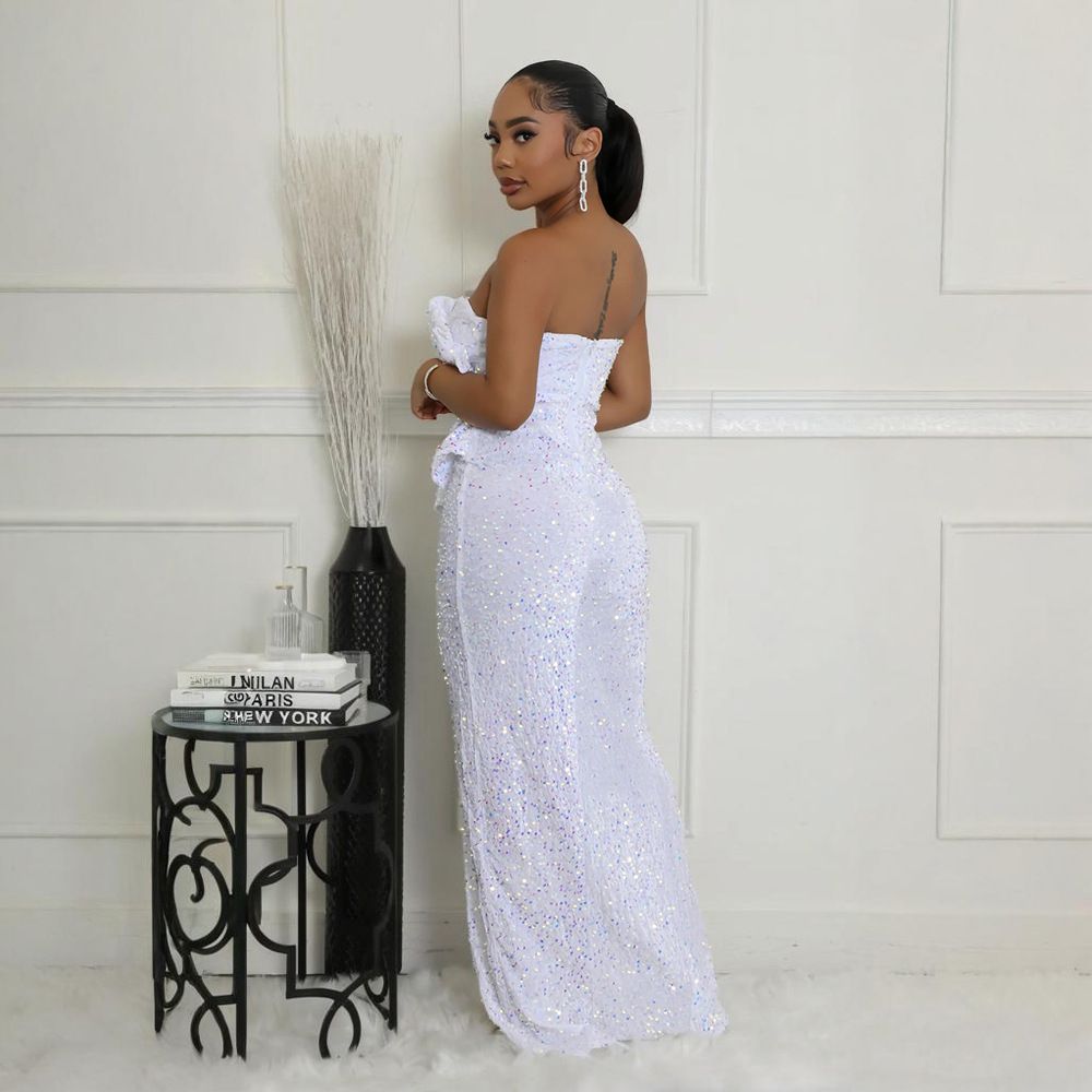 Sequined Evening Gown Sexy Strapless Irregular Dress with Trailing Long Skirt for Women