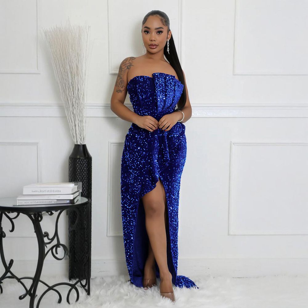 Sequined Evening Gown Sexy Strapless Irregular Dress with Trailing Long Skirt for Women