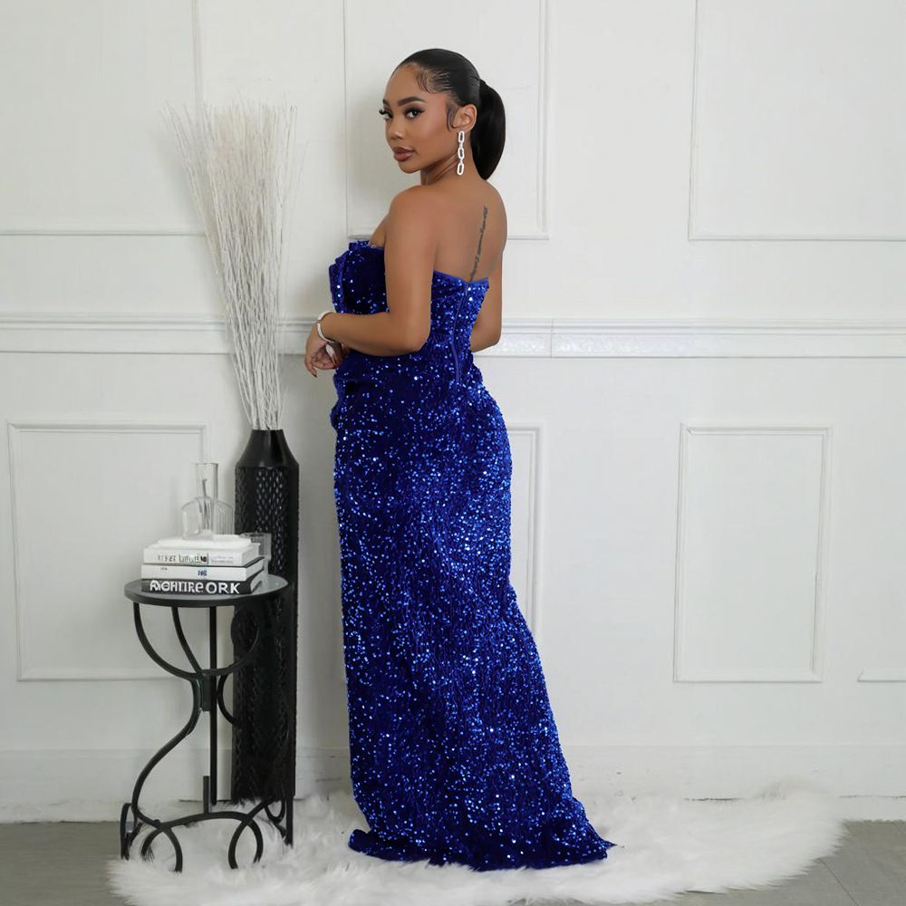 Sequined Evening Gown Sexy Strapless Irregular Dress with Trailing Long Skirt for Women
