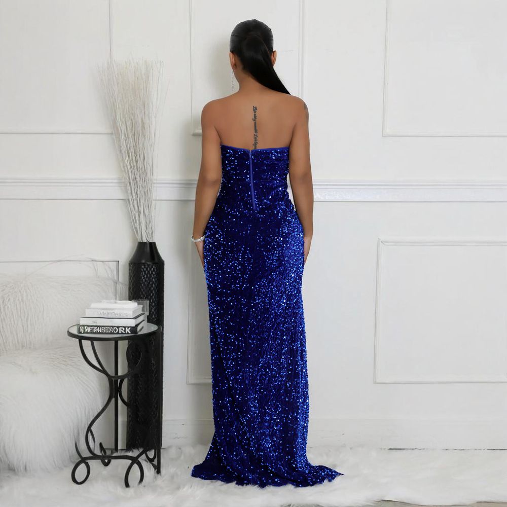 Sequined Evening Gown Sexy Strapless Irregular Dress with Trailing Long Skirt for Women