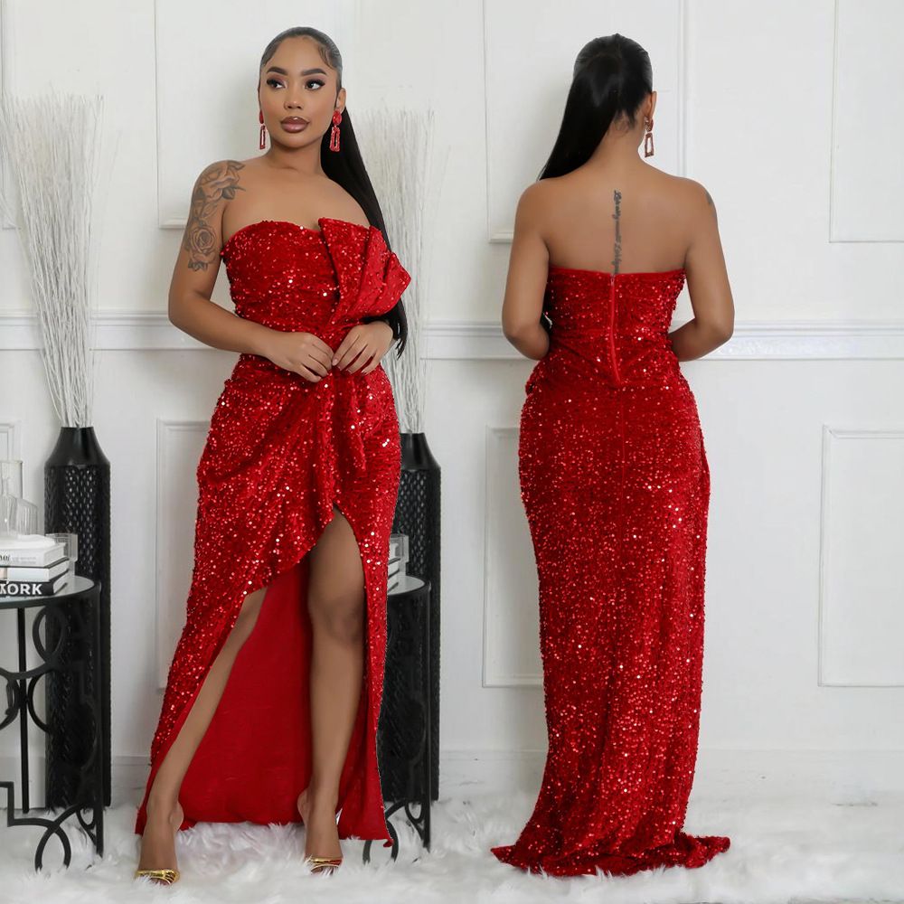 Sequined Evening Gown Sexy Strapless Irregular Dress with Trailing Long Skirt for Women