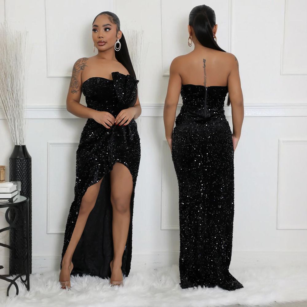 Sequined Evening Gown Sexy Strapless Irregular Dress with Trailing Long Skirt for Women