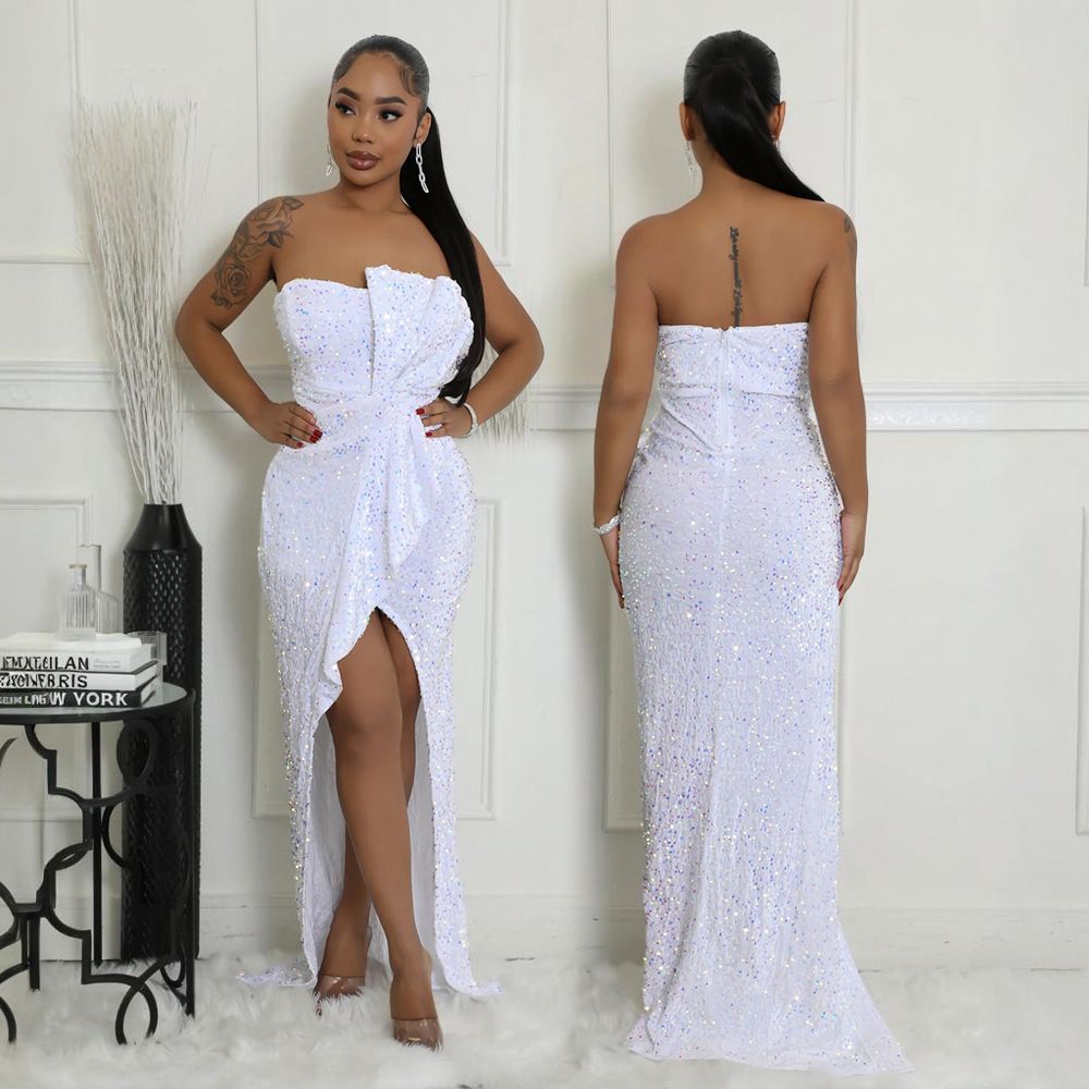 Sequined Evening Gown Sexy Strapless Irregular Dress with Trailing Long Skirt for Women
