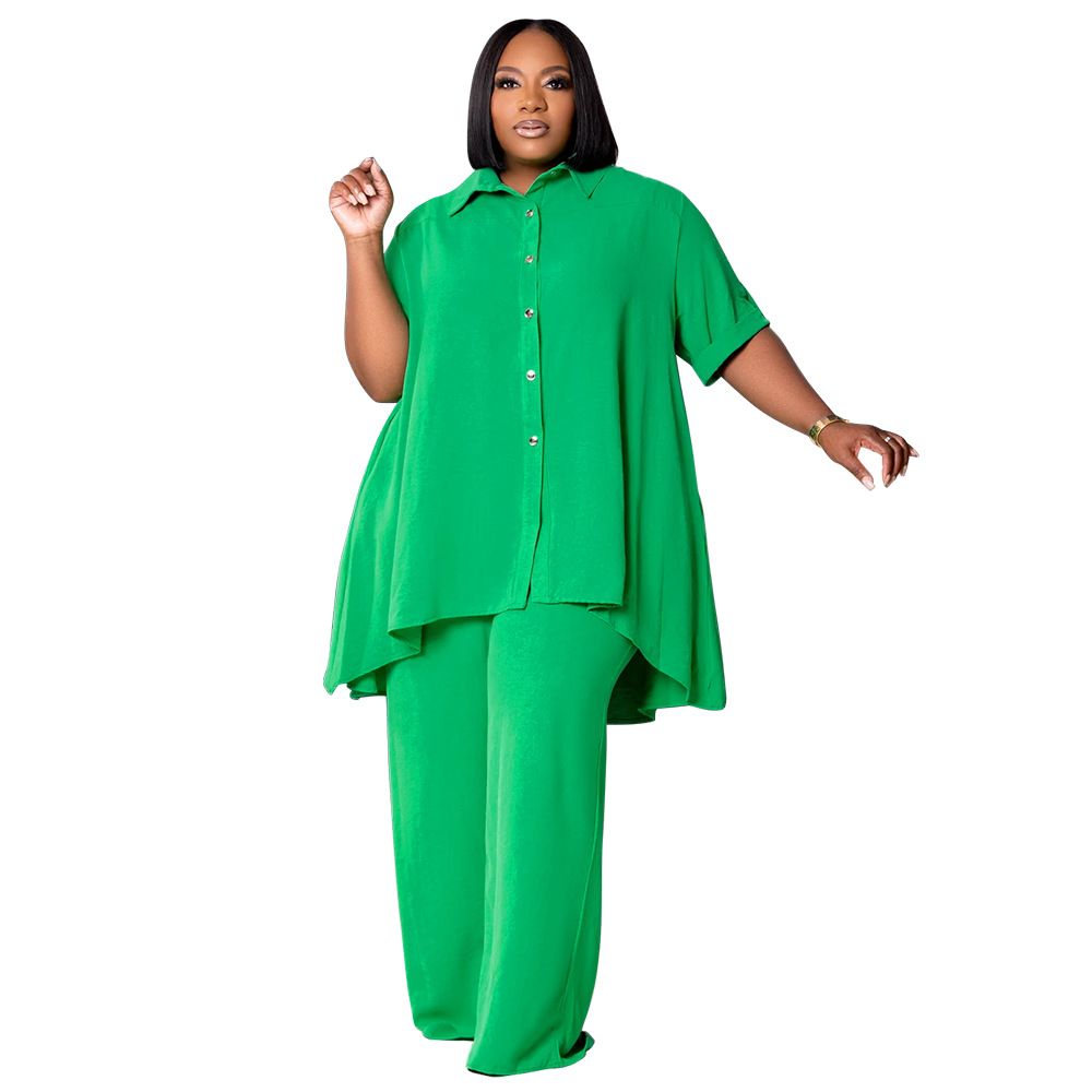 Fashionable Temperament Plus Size Short Sleeved Top and Wide Leg Pants Set