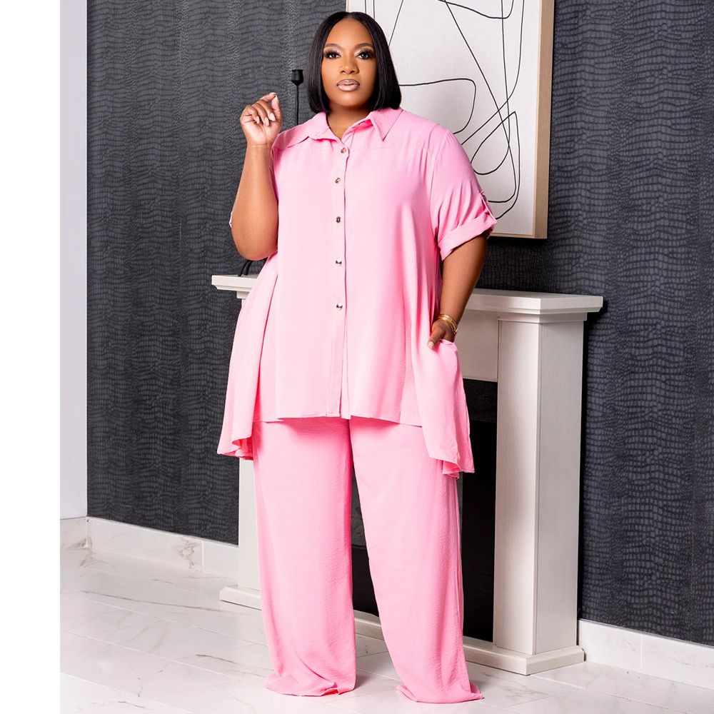 Fashionable Temperament Plus Size Short Sleeved Top and Wide Leg Pants Set
