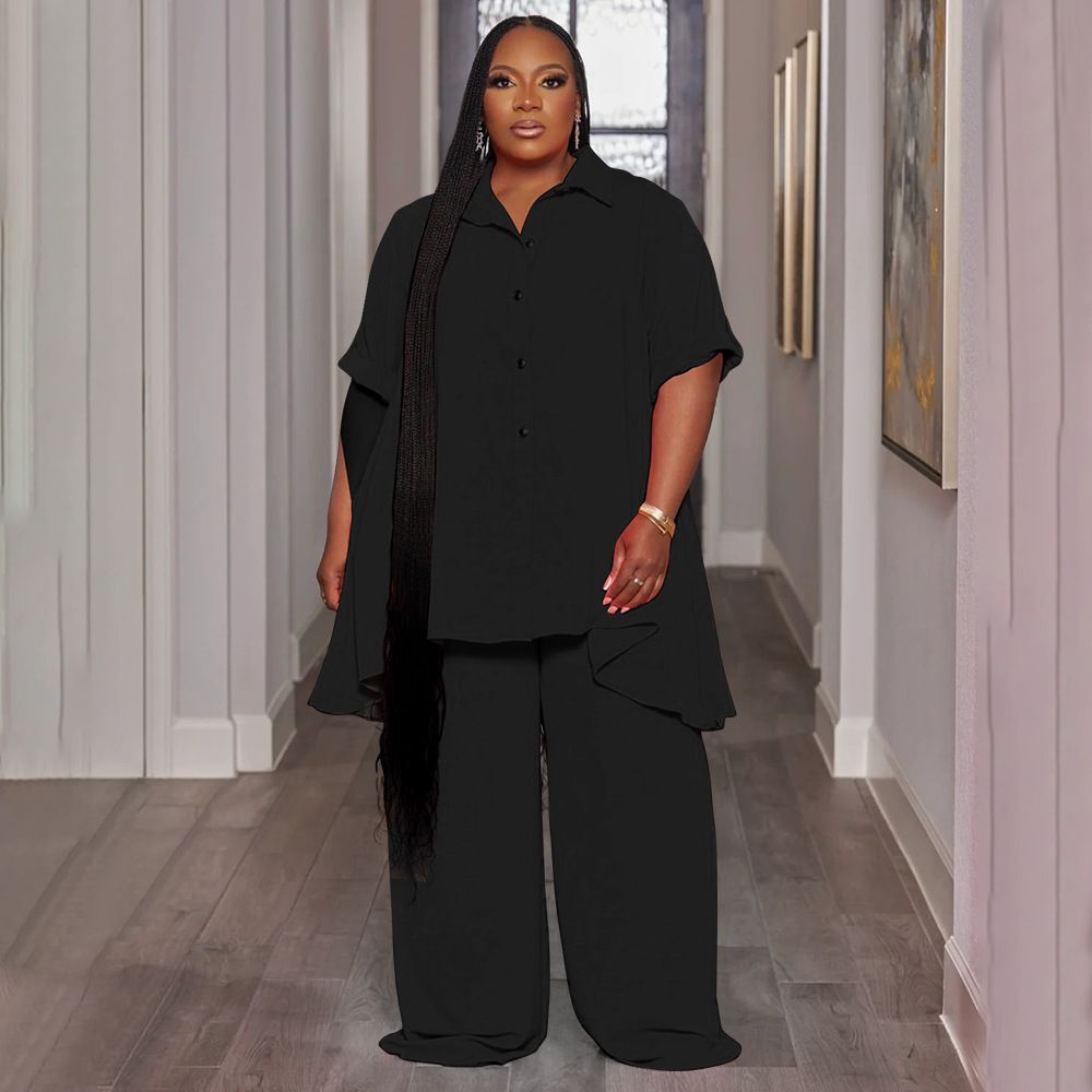 Fashionable Temperament Plus Size Short Sleeved Top and Wide Leg Pants Set
