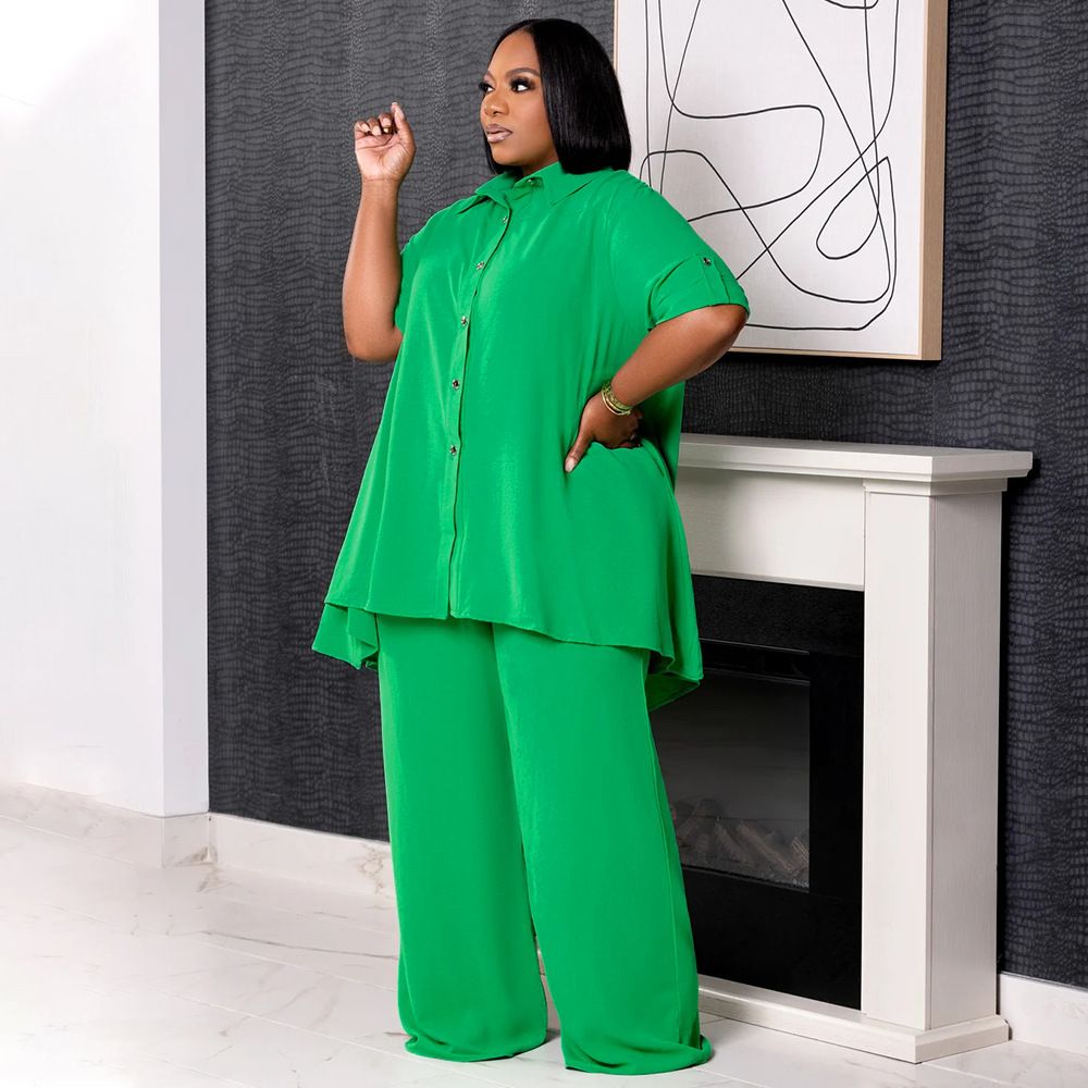 Fashionable Temperament Plus Size Short Sleeved Top and Wide Leg Pants Set