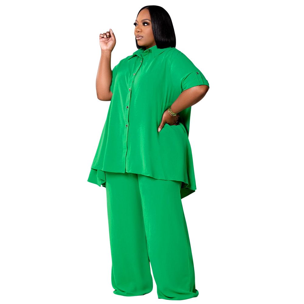 Fashionable Temperament Plus Size Short Sleeved Top and Wide Leg Pants Set