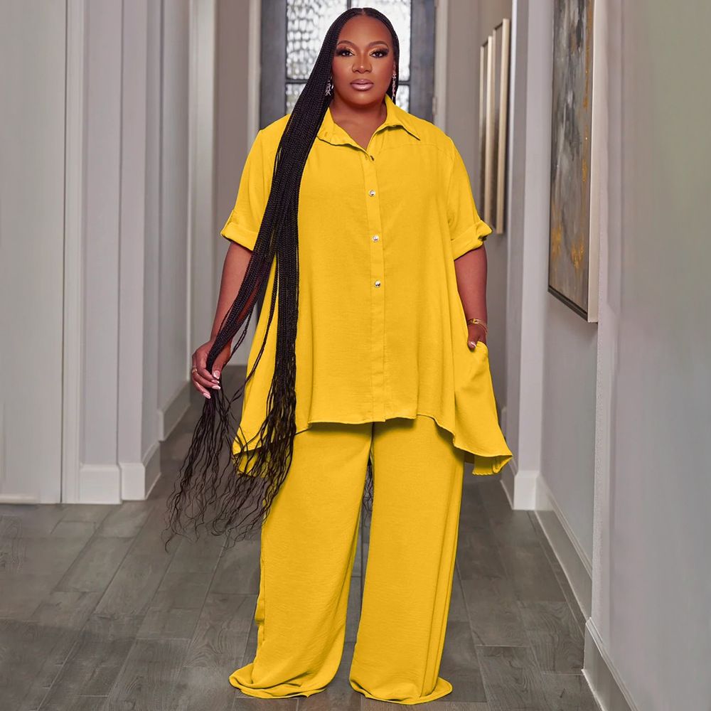 Fashionable Temperament Plus Size Short Sleeved Top and Wide Leg Pants Set