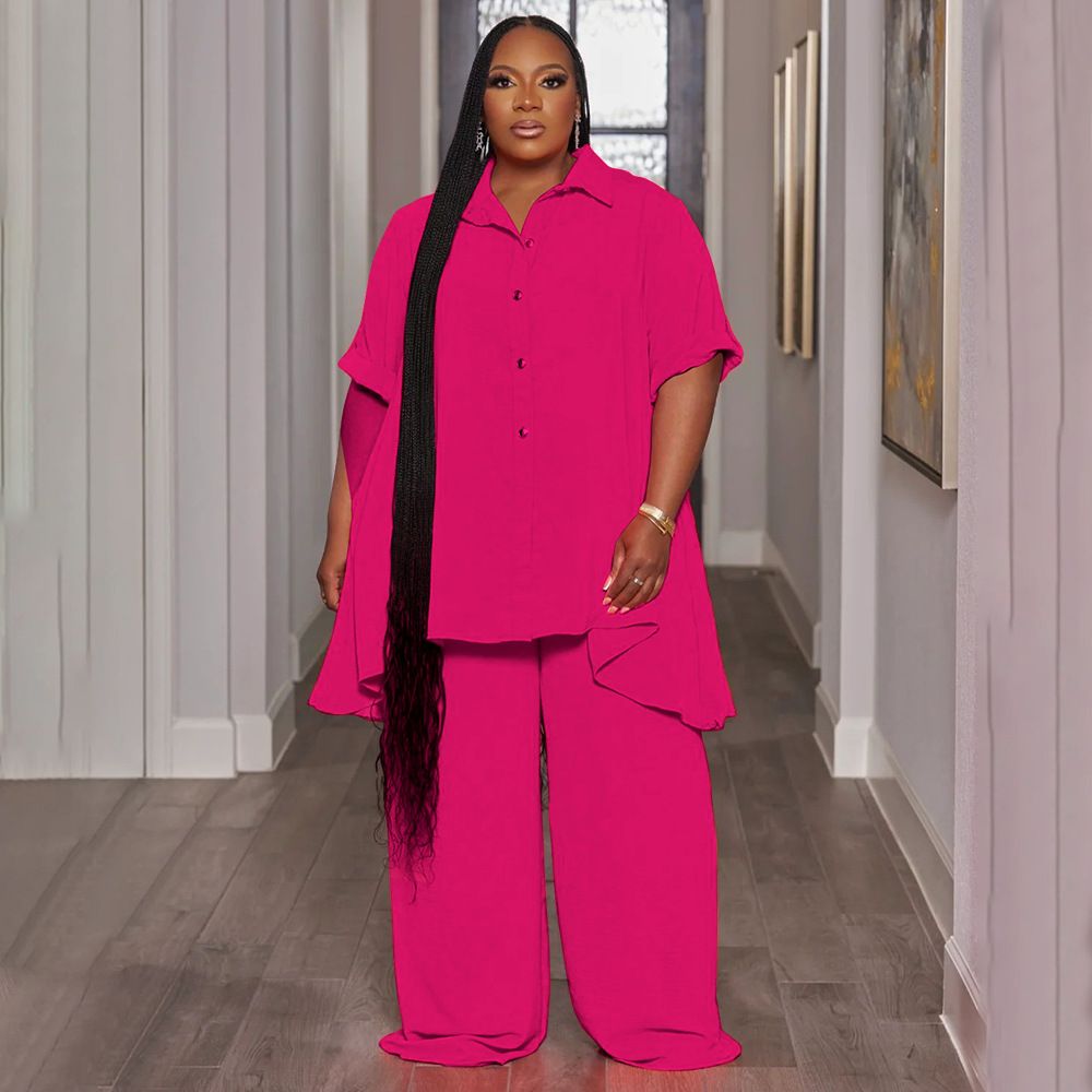 Fashionable Temperament Plus Size Short Sleeved Top and Wide Leg Pants Set