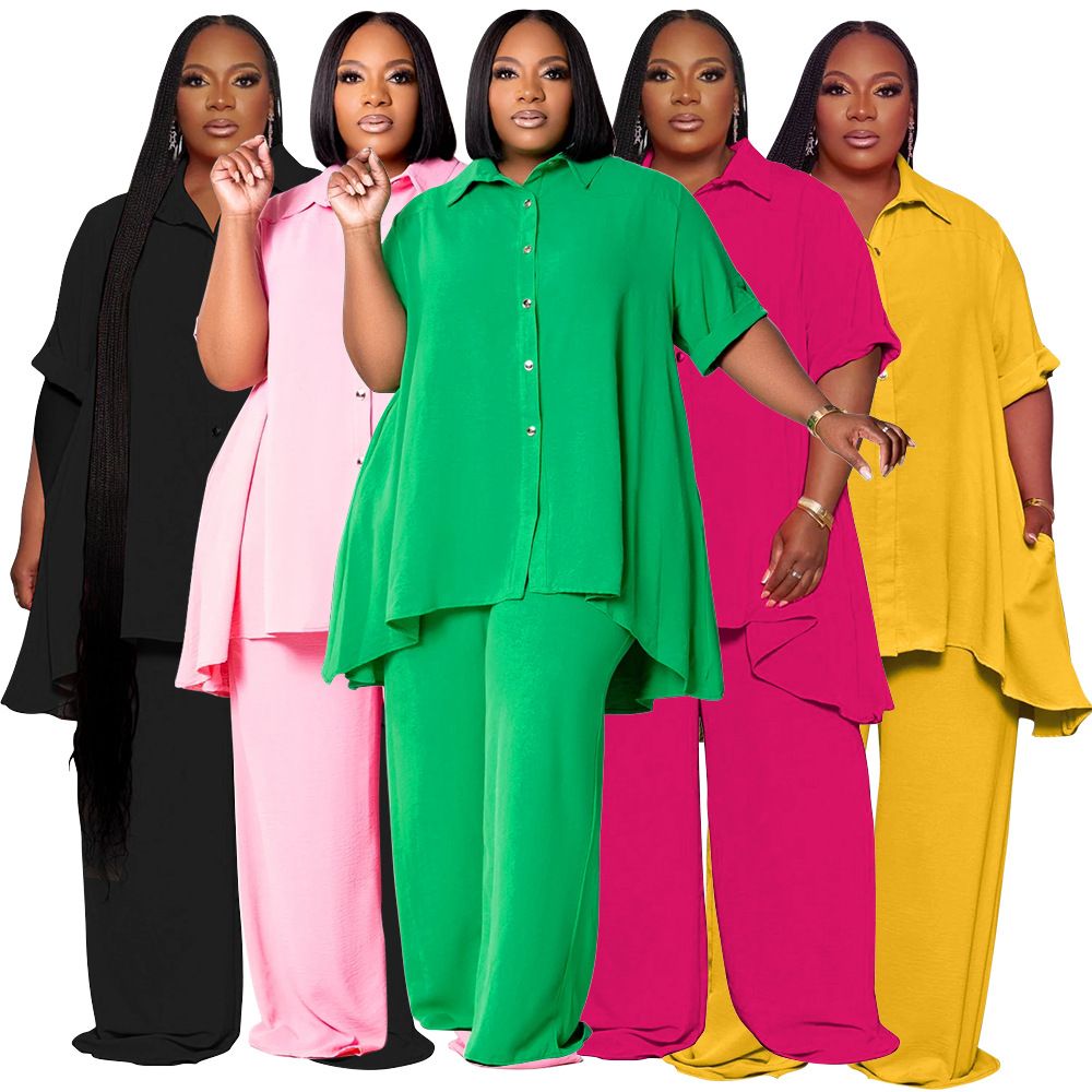 Fashionable Temperament Plus Size Short Sleeved Top and Wide Leg Pants Set