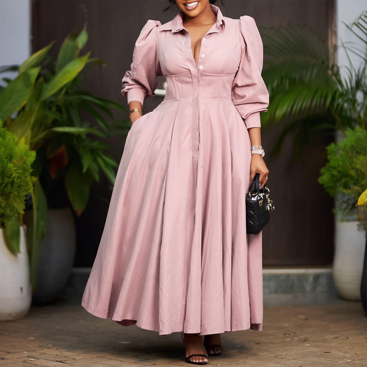 Women's Elegant Long Sleeved Shirt with A Large Hem Fashionable Mid Length African Dress