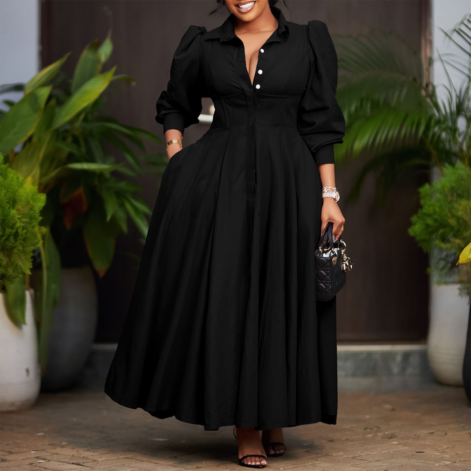 Women's Elegant Long Sleeved Shirt with A Large Hem Fashionable Mid Length African Dress