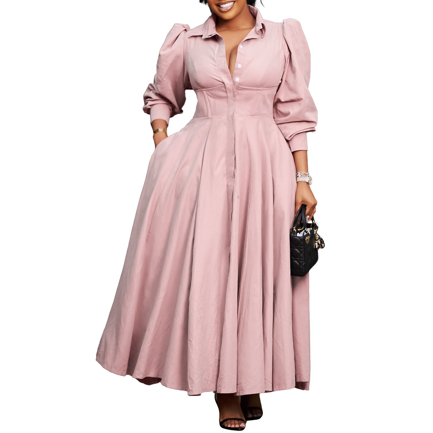 Women's Elegant Long Sleeved Shirt with A Large Hem Fashionable Mid Length African Dress