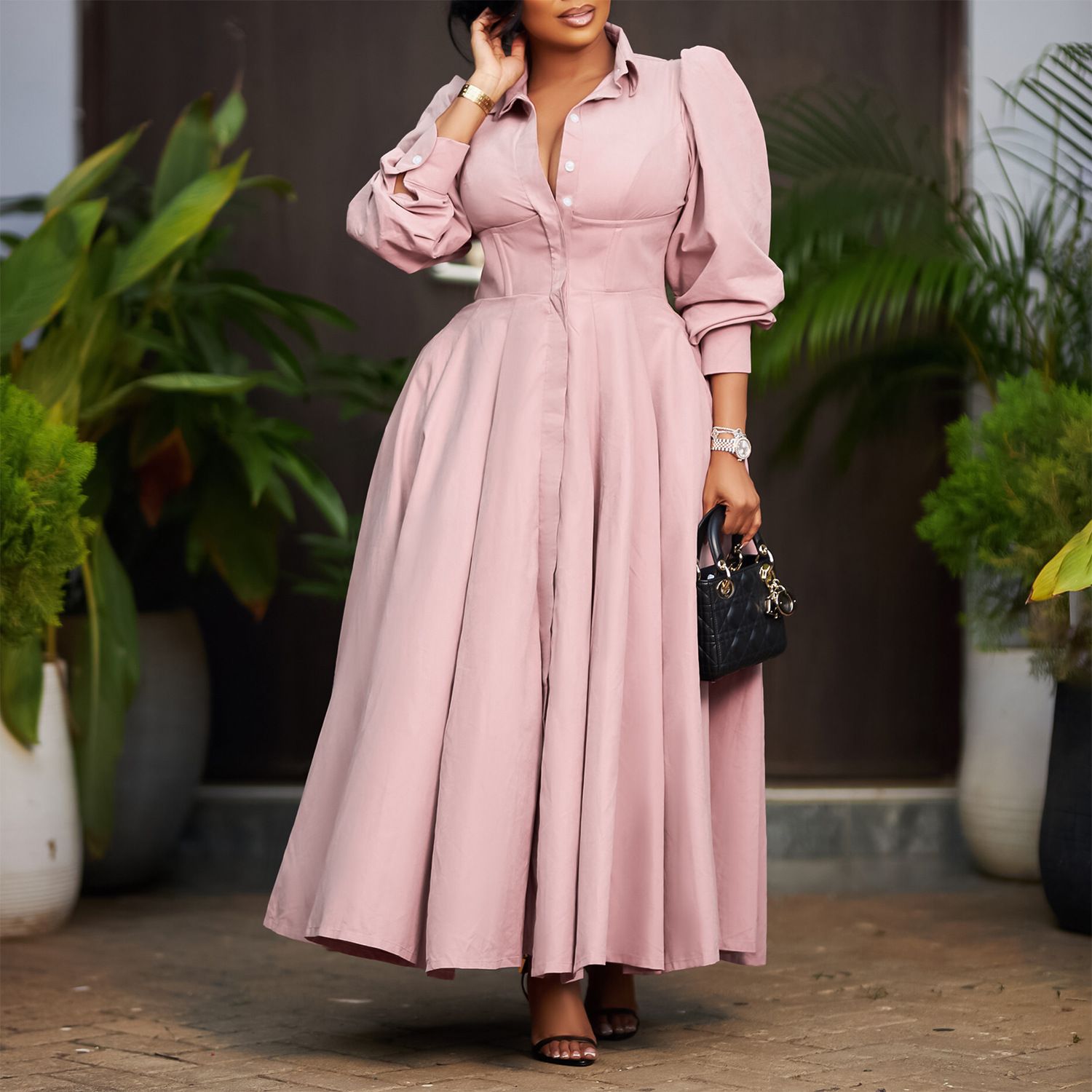 Women's Elegant Long Sleeved Shirt with A Large Hem Fashionable Mid Length African Dress