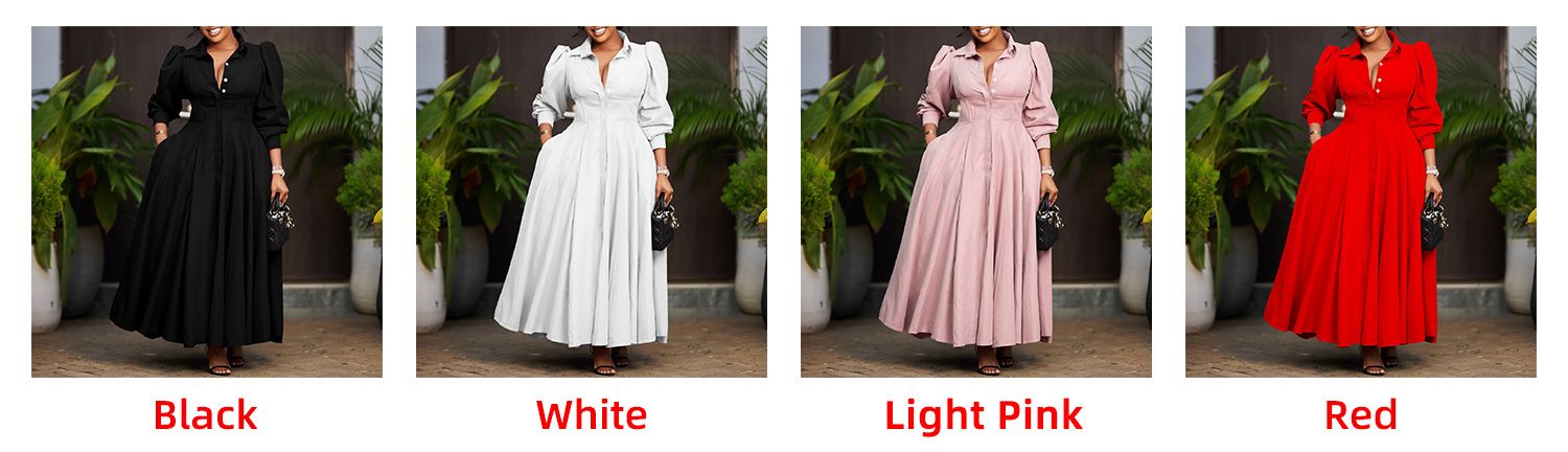 Women's Elegant Long Sleeved Shirt with A Large Hem Fashionable Mid Length African Dress