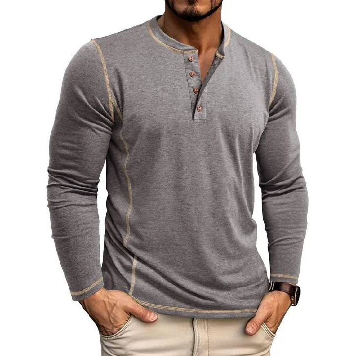 Men's Large Size Men's Long-sleeved T-shirt Men's Henley Shirt Four Buttons Tops